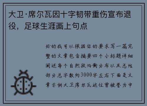 大卫·席尔瓦因十字韧带重伤宣布退役,足球生涯画上句点 大卫·席尔瓦因十字韧带重伤宣布退役,足球生涯画上句点