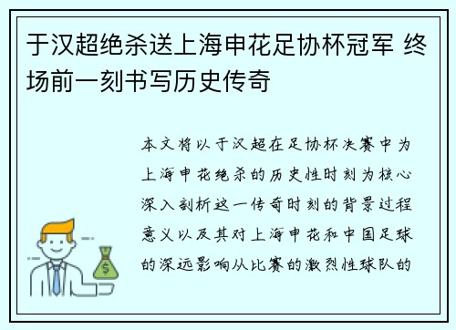 于汉超绝杀送上海申花足协杯冠军 终场前一刻书写历史传奇 于汉超绝杀送上海申花足协杯冠军 终场前一刻书写历史传奇
